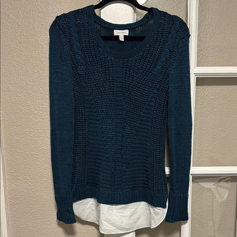 Calvin Klein Green and Blue Crew Neck Sweater with Textured Knit